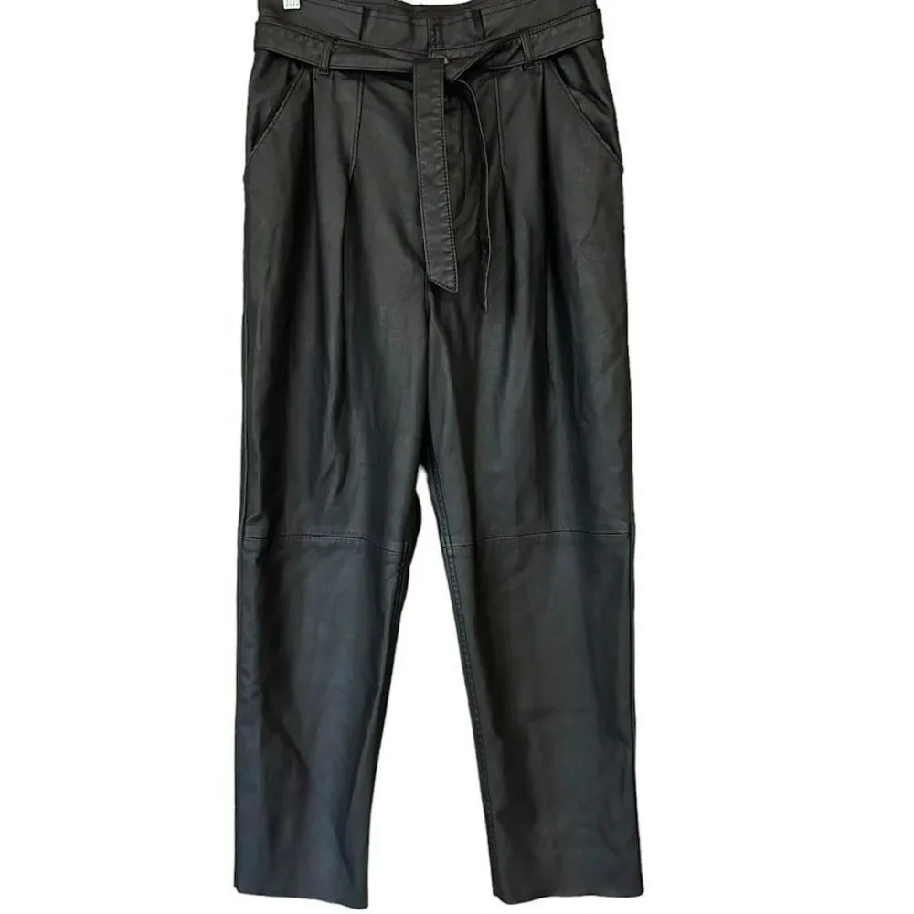 Free People Black Vegan Leather High‎ Tie Waist Paper Bag Cropped Pants Womens 6
